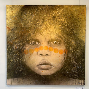Ochre Girl - Portrait of an aboriginal child, with traditional ochre face-paint.  Painted in mixed medium on a 1.4x1.4m stretched canvas.