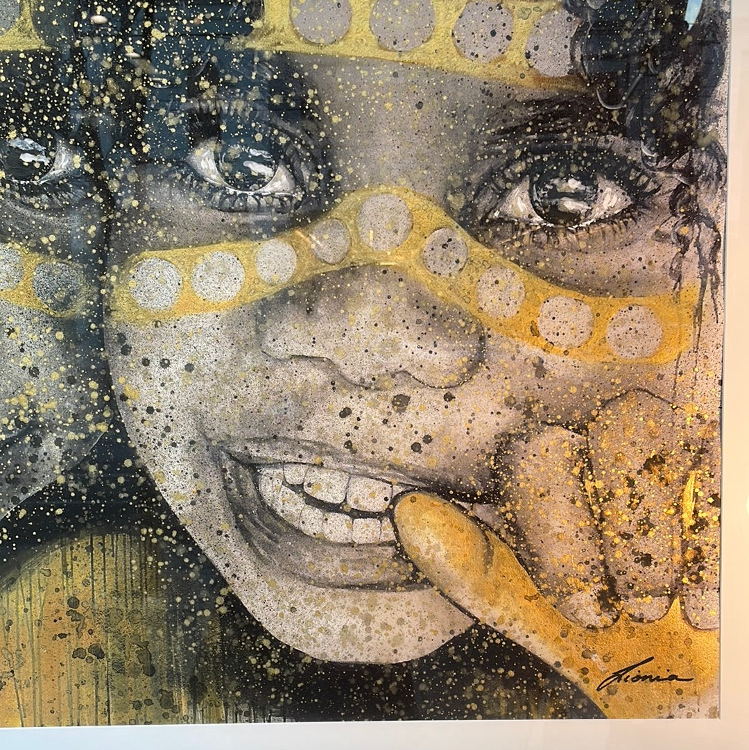 Ochre Dreamtime children - Deluxe/sold. Enquire to get a custom work.
