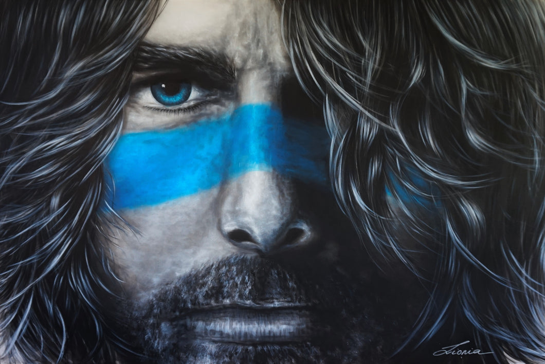 Modern Day Warrior - SOLD  Blk and white portrait of a man, with electric blue stripe across the nose, evoking the intensity of a warriors stare. Painted with mixed medium on a large scale 1.8x1.2m stretched canvas. Inspired by Hollywood actor Tom Cruise.