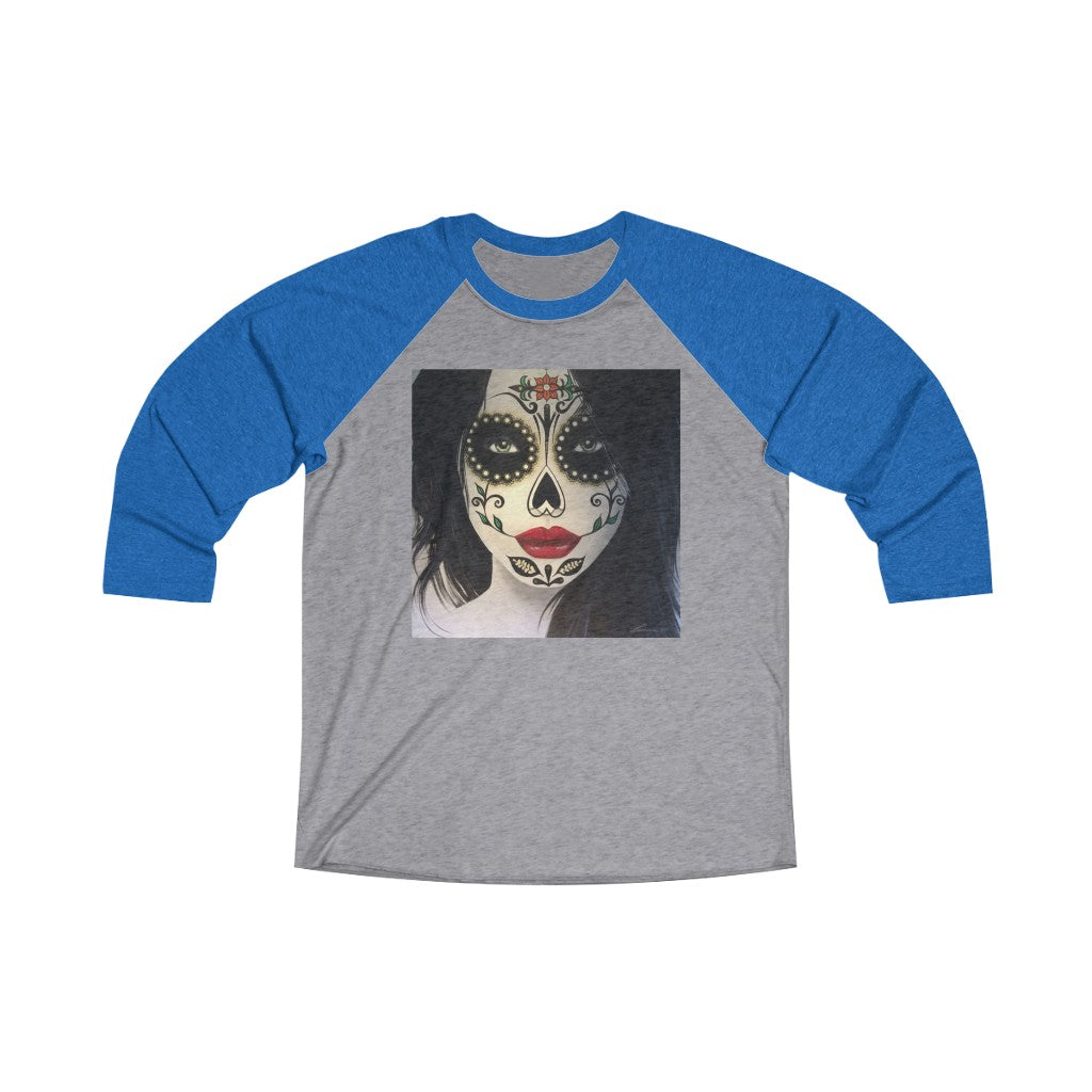 Dia de los muertos, sugar skull - Red Unisex Tri-Blend 3/4 Raglan Tee
