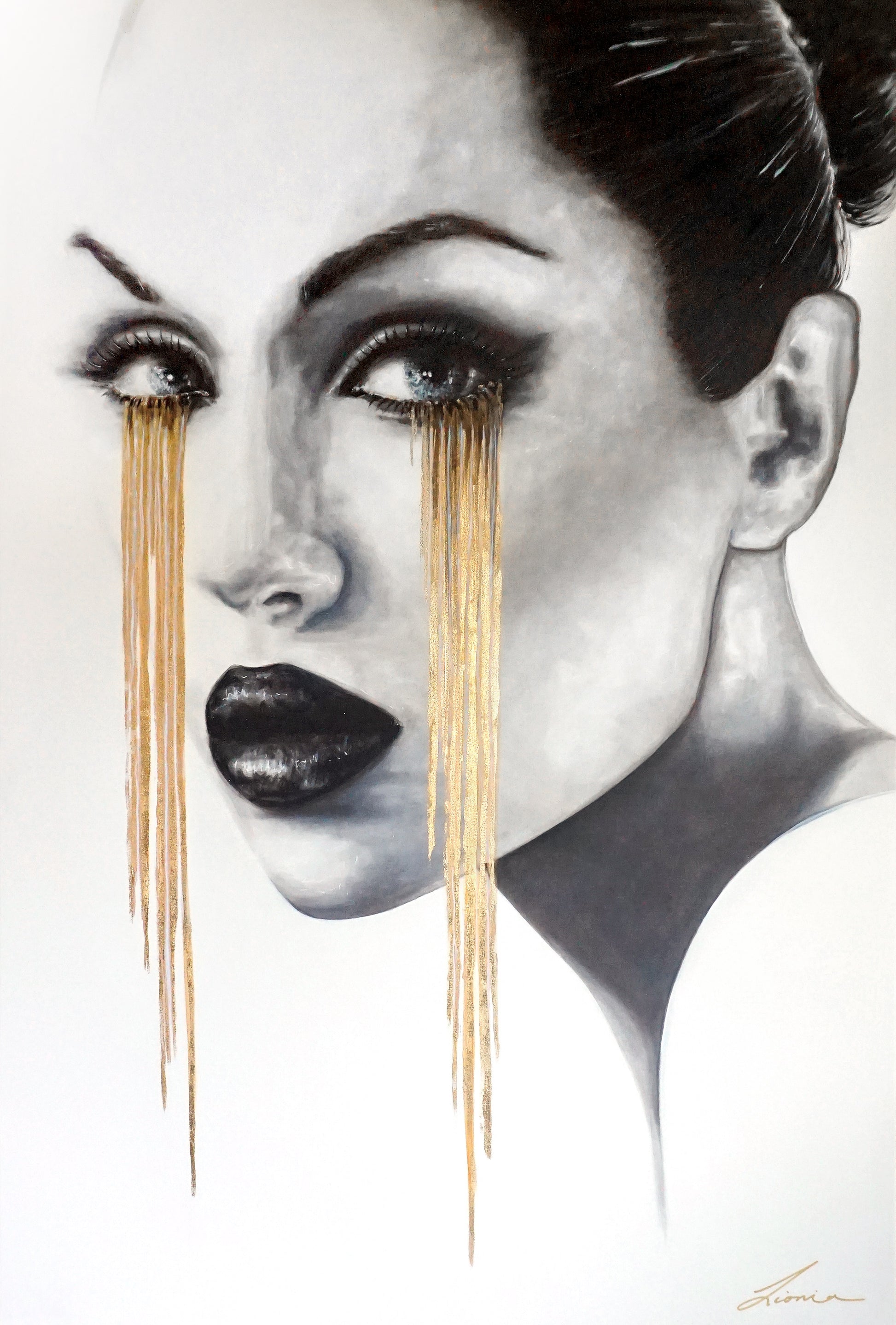 Beautiful portrait of a woman with tears of gold. Golden Lessons artwork features gold leaf.