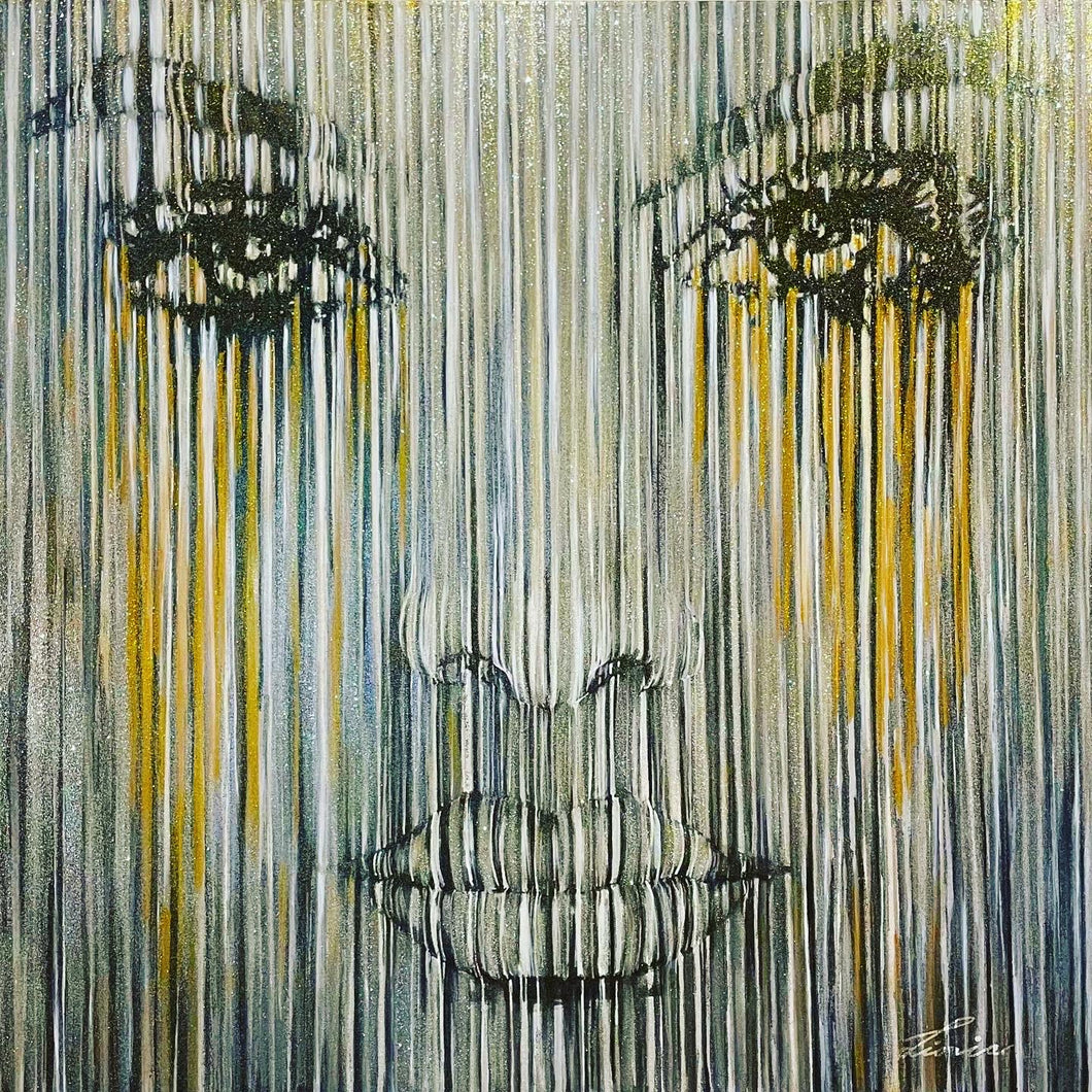Multiverse - Stunning portrait of a strong woman. Gold, black, white and silver. Large scale 1.4x1.4m stretched canvas painting.