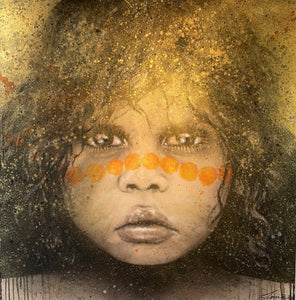 Ochre Girl - Portrait of an aboriginal child, with traditional ochre face-paint.  Painted in mixed medium on a 1.4x1.4m stretched canvas.