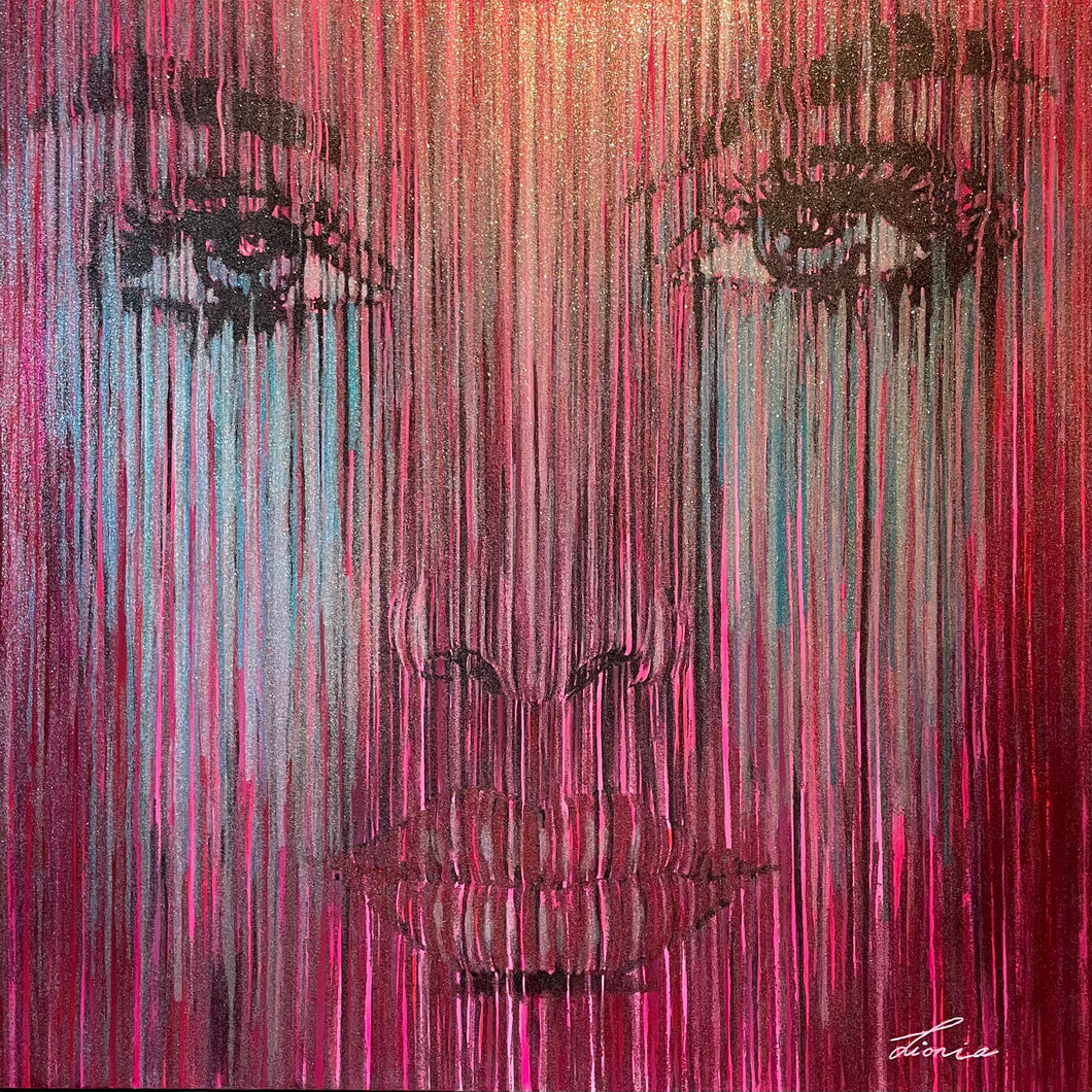 Multiverse candy - Stunning portrait of a strong woman. Large scale 1.4x1.4m stretched canvas painting.