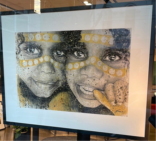 Ochre Dreamtime children - Deluxe/sold. Enquire to get a custom work.