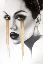 Beautiful portrait of a woman with tears of gold. Golden Lessons artwork features gold leaf. 