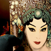 Drama Queen - SOLD                         Portrait of a Chinese Peking opera singer wearing traditional face-paint and a detailed costume head piece. Painted with gold leaf and mixed medium on a 1.2x1.2m stretched canvas.