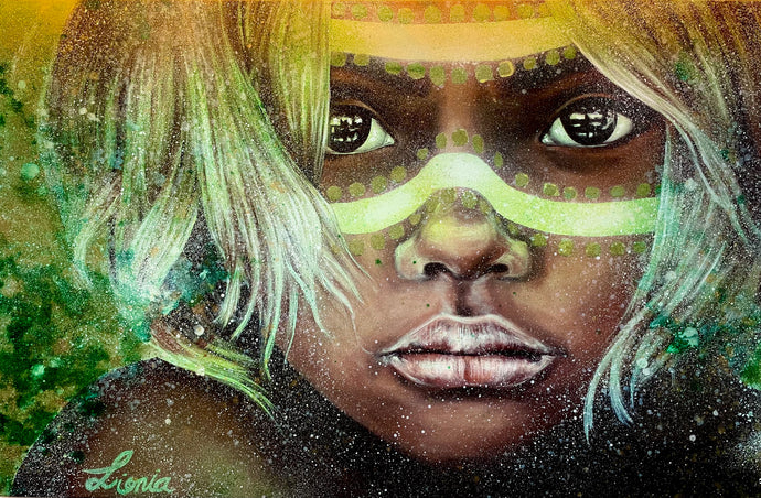 Dreamtime Child / Gum - SOLD             Art portrait of an aboriginal child, with traditional ochre face-paint. Gold and rich moss green reflect the Australian bushland. Painted in mixed medium including gold leaf, on a 1x1.5m stretched canvas.