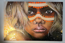 Dreamtime Child / Orange - Art portrait of a beautiful aboriginal child with traditional ochre face-paint, inspired by the ancient indigenous Australian culture. Painted with mixed medium on a 1x1.5m stretched canvas