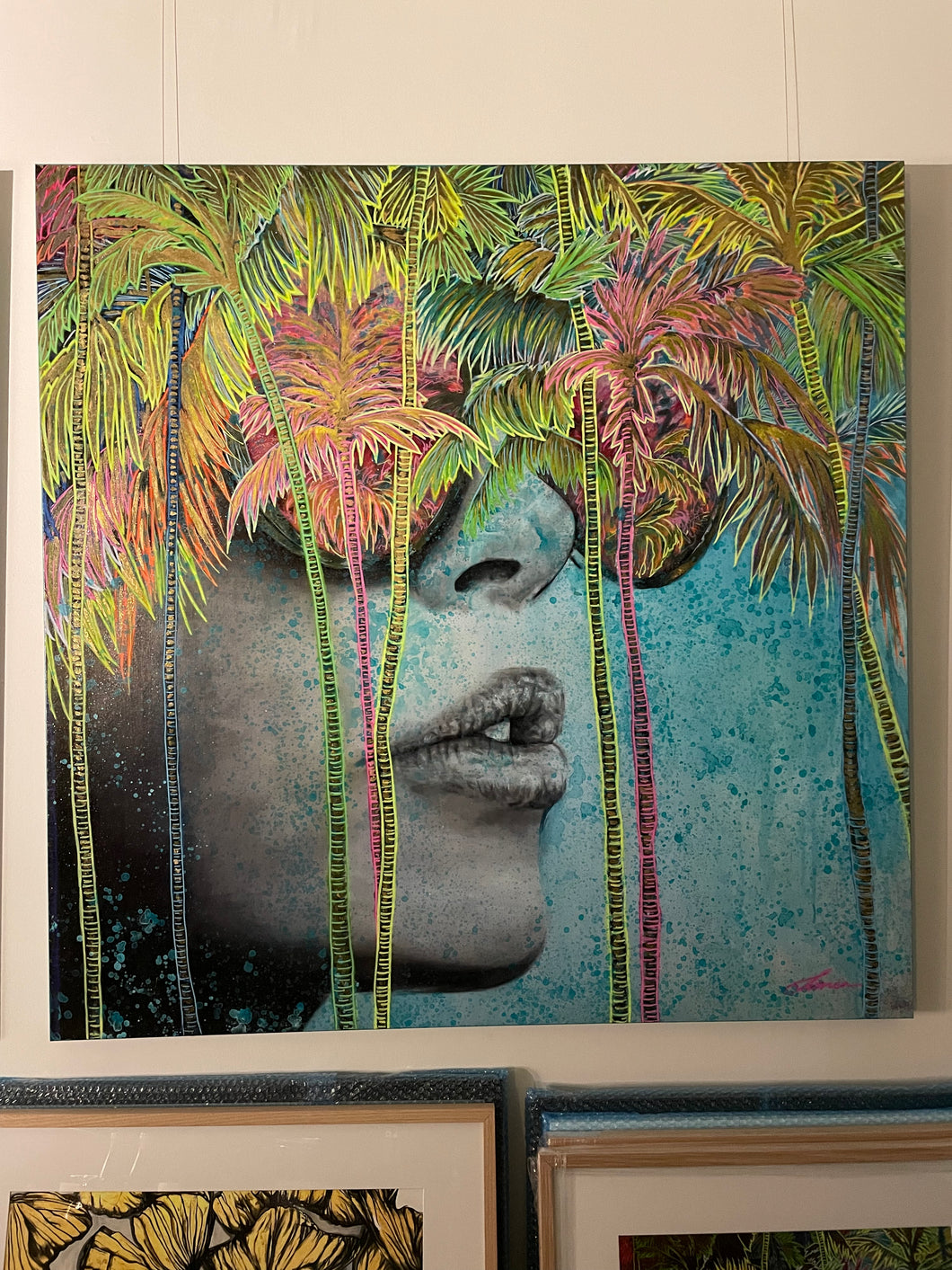 Miami Blue - Modern art portrait of a girl with rose coloured sunglasses, surrounded by vibrant coloured palm trees. Painted with mixed medium on a 1.4x1.4m stretched canvas. Inspired by fun a positive mindset, holidays, travel and tropical locations.