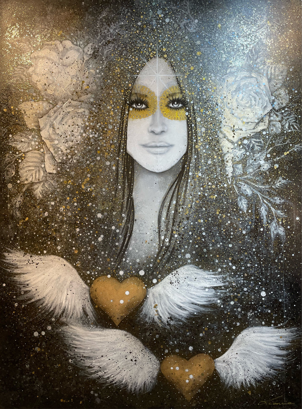 Elysian - Portrait of girl with the look of serene calm, golden winged hearts, white roses and detailed lace mask. Painted on a large scale 1.9x1.4m stretched canvas with white and gold tones.