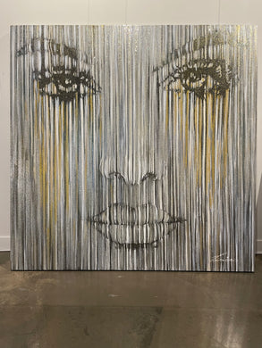 Multiverse - Stunning portrait of a strong woman. Gold, black, white and silver. Large scale 1.4x1.4m stretched canvas painting.