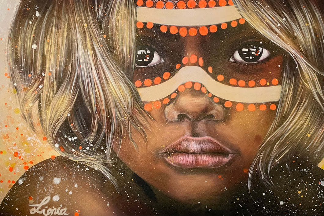 Dreamtime Child / Orange - SOLD portrait of a beautiful aboriginal child with traditional ochre face-paint, inspired by the ancient indigenous Australian culture. Painted with mixed medium on a 1x1.5m stretched canvas