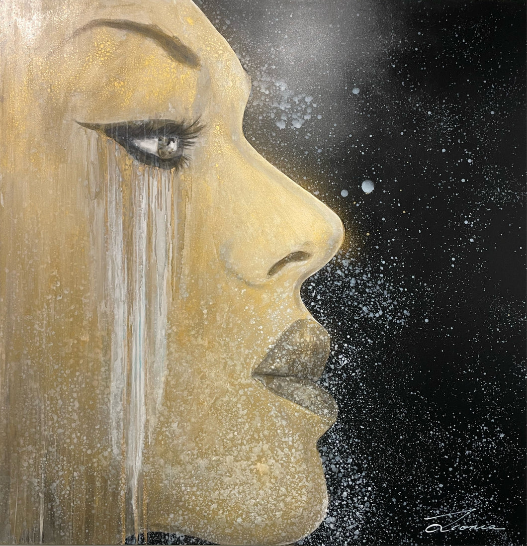 Gold - Stunning portrait profile of a strong woman. Gold with black background. Large scale 1.4x1.4m stretched canvas painting.