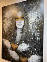 Elysian - Portrait of girl with the look of serene calm, golden winged hearts, white roses and detailed lace mask. Painted on a large scale 1.9x1.4m stretched canvas with white and gold tones.