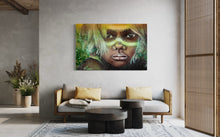 Dreamtime Child / Gum - SOLD             Art portrait of an aboriginal child, with traditional ochre face-paint. Gold and rich moss green reflect the Australian bushland. Painted in mixed medium including gold leaf, on a 1x1.5m stretched canvas.