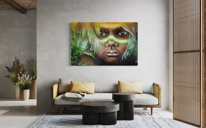 Dreamtime Child / Gum - Art portrait of an aboriginal child, with traditional ochre face-paint. Gold and rich moss green reflect the Australian bushland. Painted in mixed medium including gold leaf, on a 1x1.5m stretched canvas.