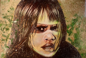 Dreamtime Girl / Gum - Art portrait of an aboriginal child, with traditional ochre face-paint. Gold and rich moss green reflect the Australian bushland. Painted in mixed medium including gold leaf, on a 1x1.5m stretched canvas.