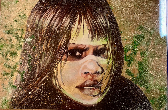Dreamtime Girl / Gum - SOLD                   Art portrait of an aboriginal child, with traditional ochre face-paint. Gold and rich moss green reflect the Australian bushland. Painted in mixed medium including gold leaf, on a 1x1.5m stretched canvas.