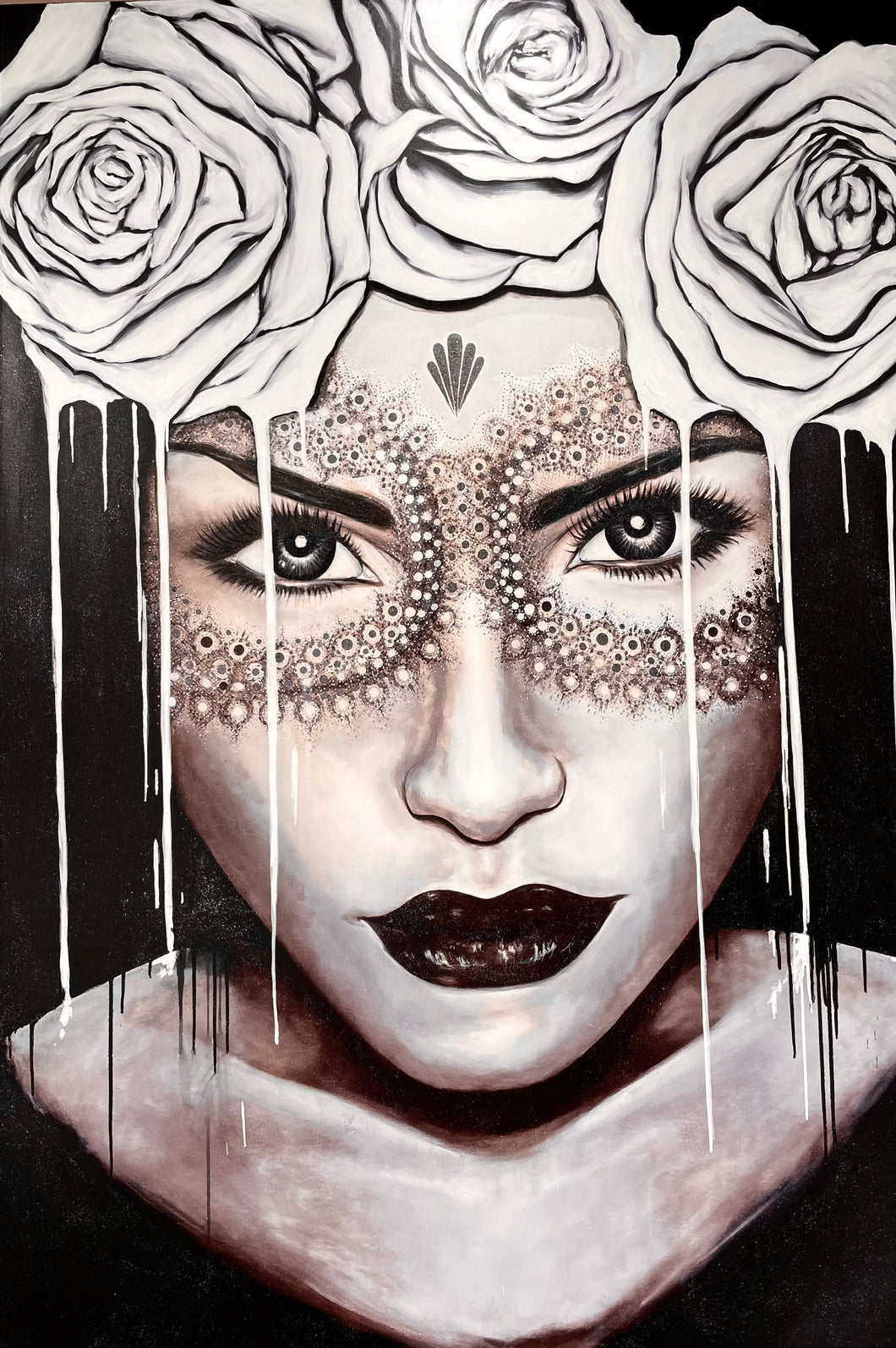 White Fuego - Portrait of girl with intense stare in a crown of white roses and detailed lace mask. Painted on a large scale 1.9x1.4m stretched canvas with sepia tones. Inspired by the gatsby era and lifestyle during the Art Deco movement of the 1920's.
