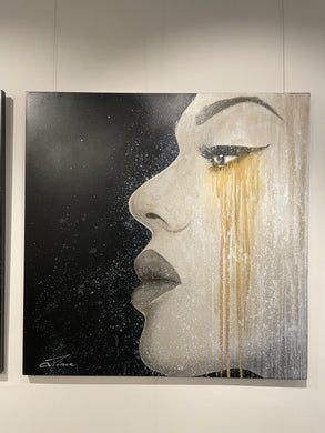 Platinum - Stunning portrait profile of a strong woman. Platinum with black background. Large scale 1.4x1.4m stretched canvas painting.