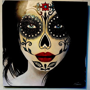 Forever - Large scale 1.4x1.4m stretched canvas painting featuring a portrait of a girl with dramatic red, white and black sugar skull face-paint, inspired by the Mexican culture / Dia-de-los-muertos (Day of the dead).
